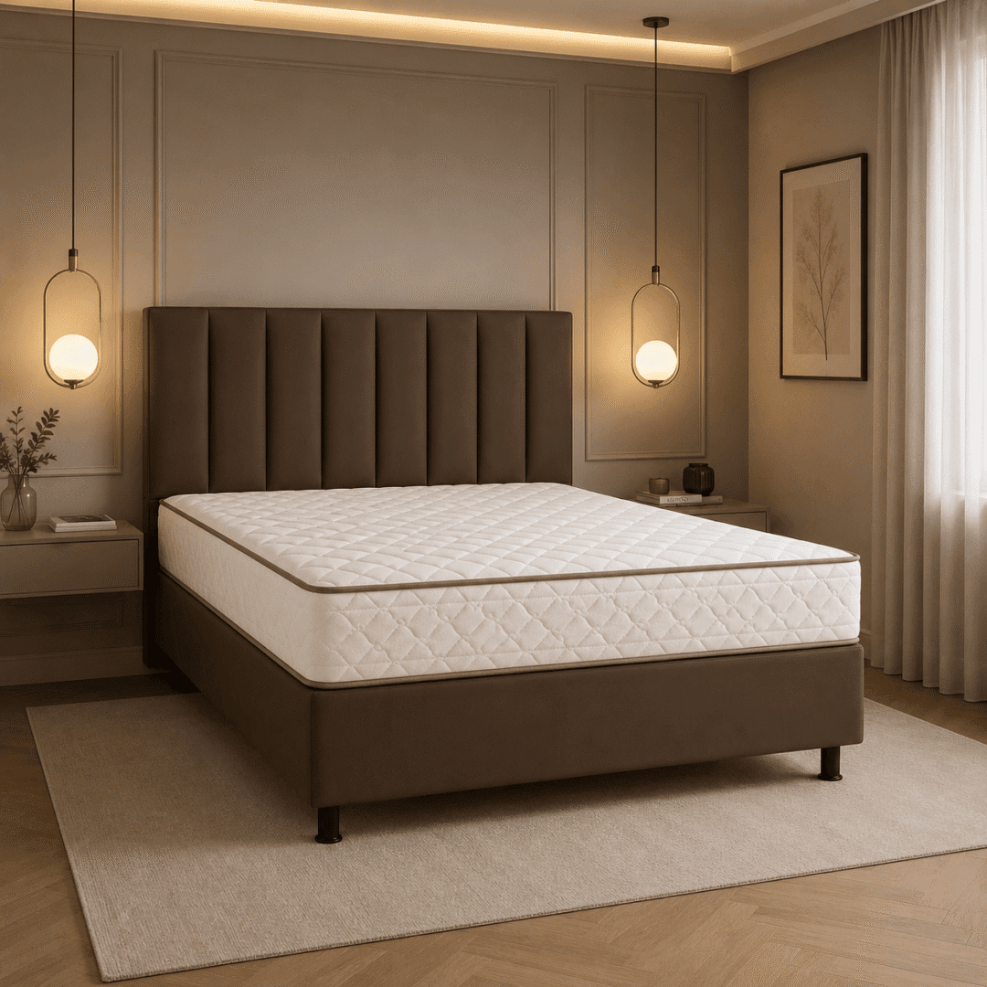 Cabeceira estofada para cama box casal em quarto moderno