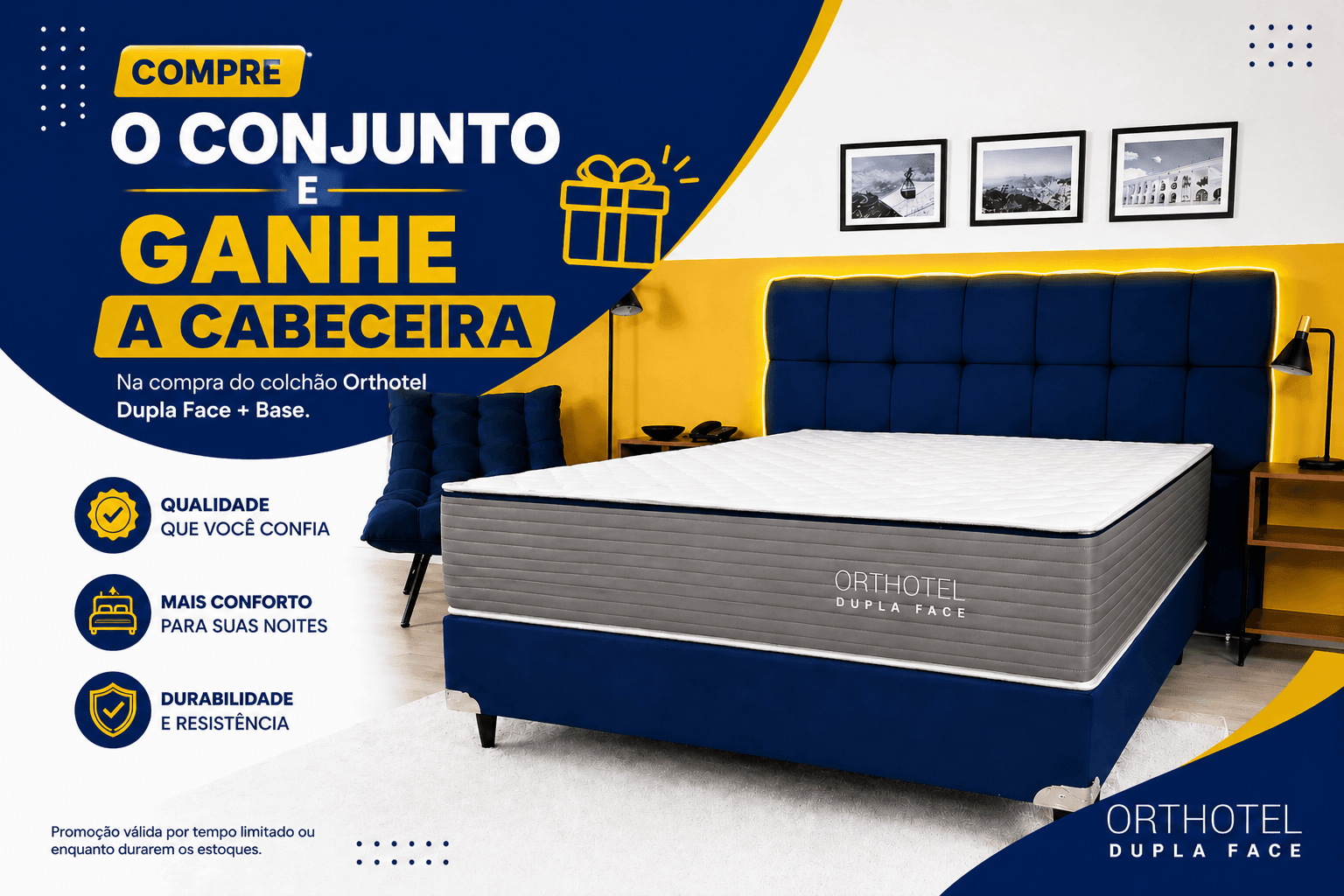 Cama com colchão Orthotel Dupla Face e cabeceira azul em quarto moderno, promoção compre o conjunto e ganhe a cabeceira