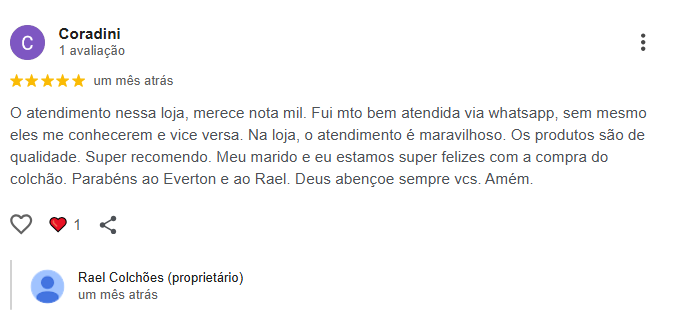 Avaliação cliente Rael Colchões Rio Preto
