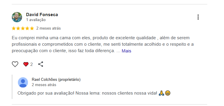 Avaliação 5 estrelas cliente Rael Colchões Rio Preto