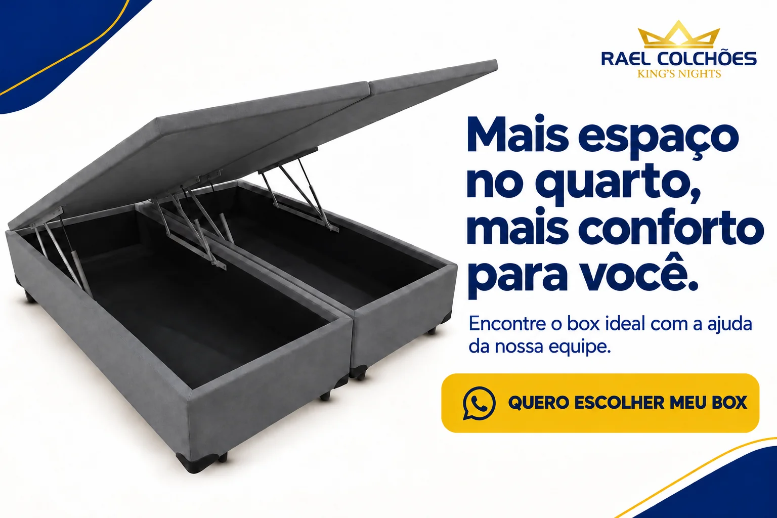 Box baú cinza aberto com dois compartimentos — Rael Colchões