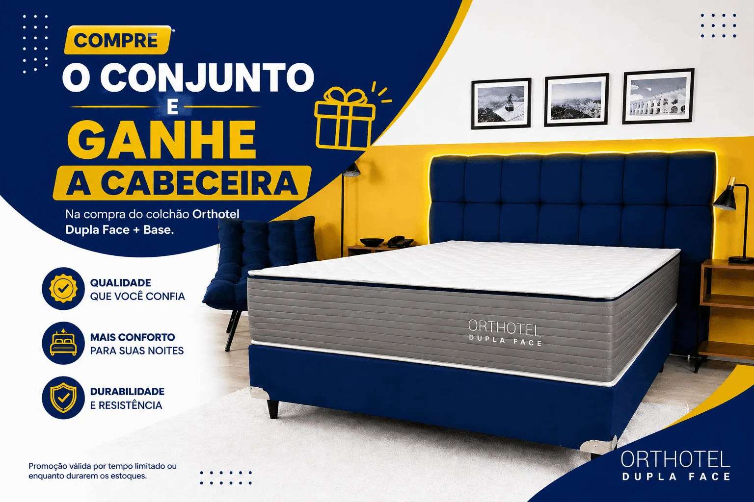 “Conjunto Orthotel Dupla Face com cabeceira azul — promoção Rael Colchões”.